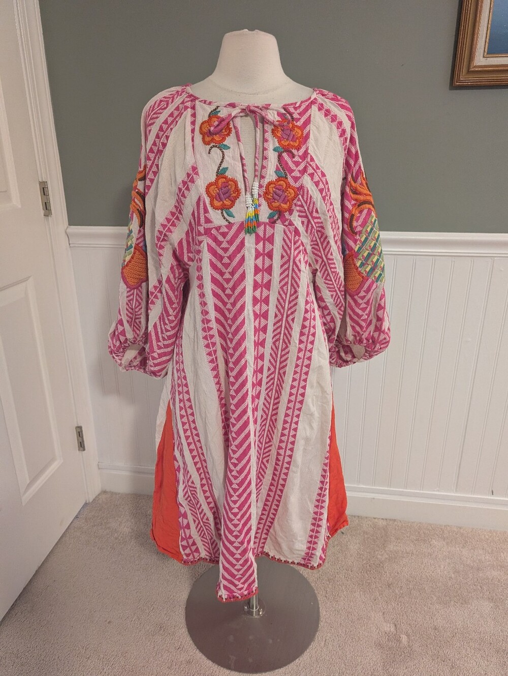 FARM RIOJacquard Long Sleeve Cotton & Linen Blend Midi Dress In Pink